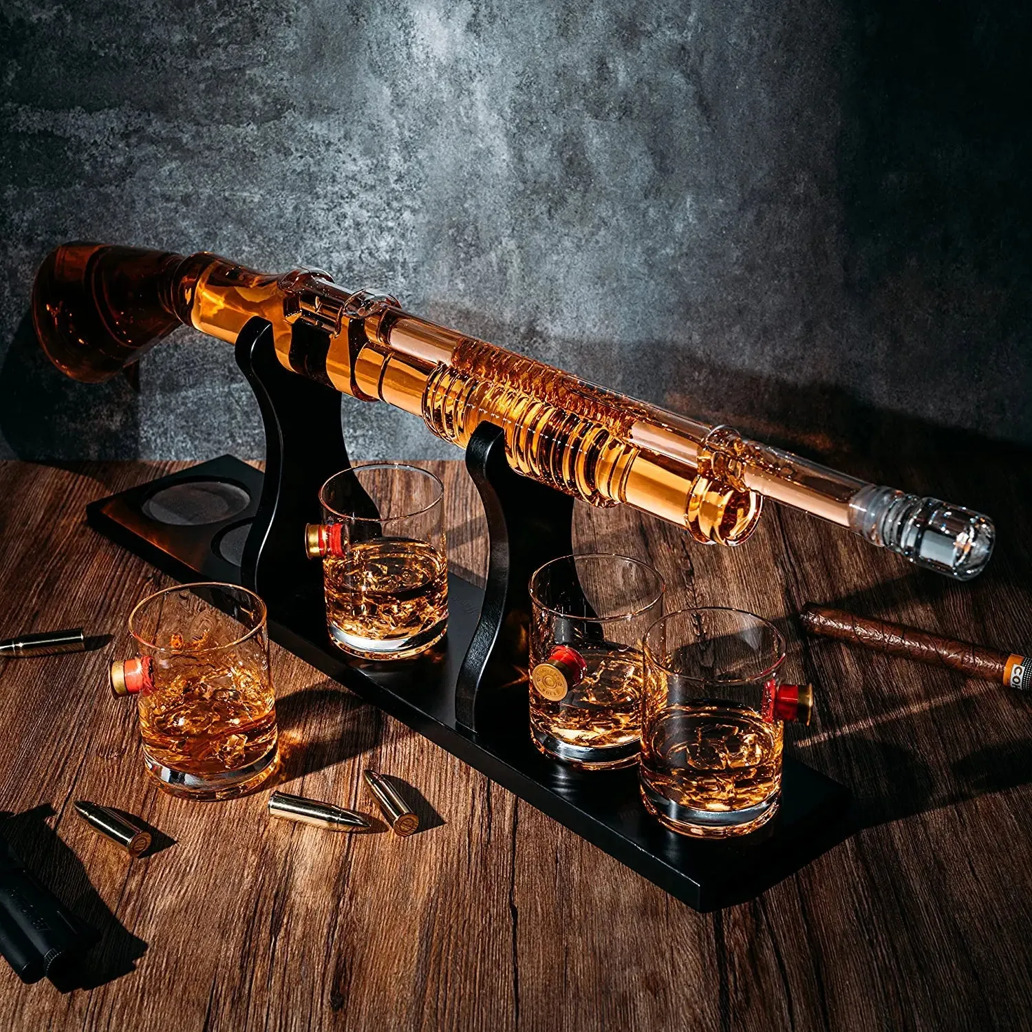 Shotgun Whiskey Decanter Set - Limited Edition ,Silencer Stopper - 800 ml & 4 12oz Bullet Glasses - Unique Gift - Drinking Party Accessory, Handmade Gun Liquor Decanter, Tik Tok Gun Decanter by The Wine Savant