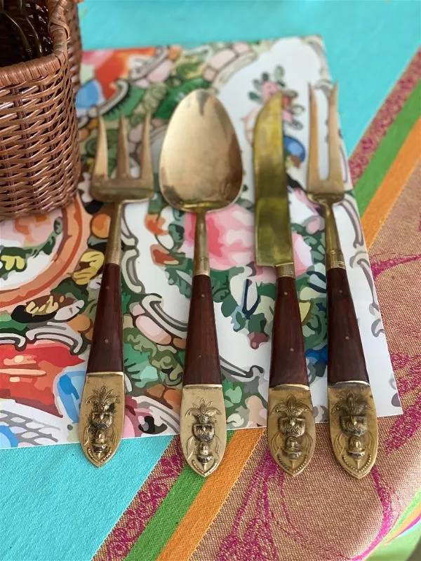 teak wood and Brass Flatware Set