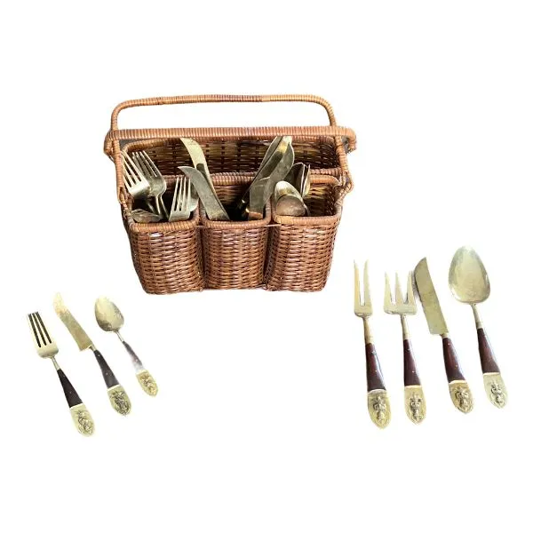 teak wood and Brass Flatware Set