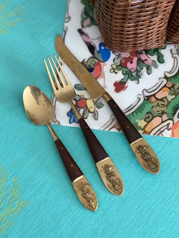 teak wood and Brass Flatware Set