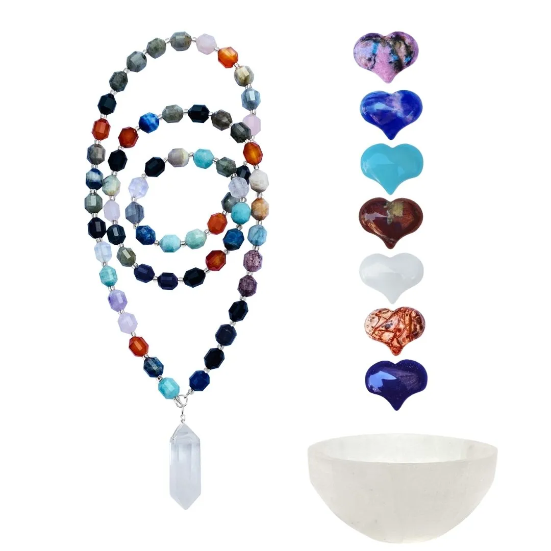 The Master Healer Crystal Set: Necklace and Chakra Healing Gemstone Heart Set