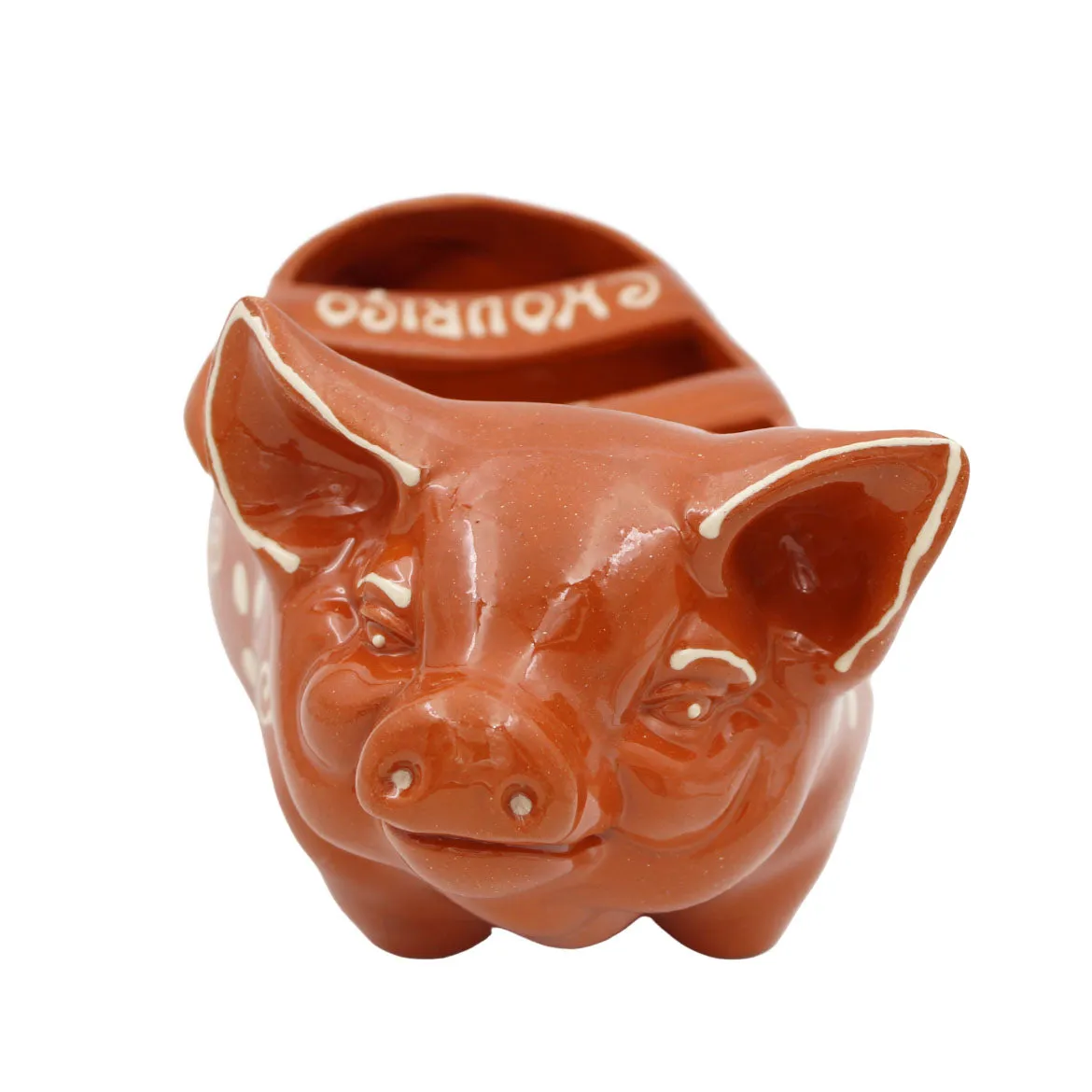 Traditional Portuguese Clay Terracotta Hand-Painted Happy Pig Sausage Roaster