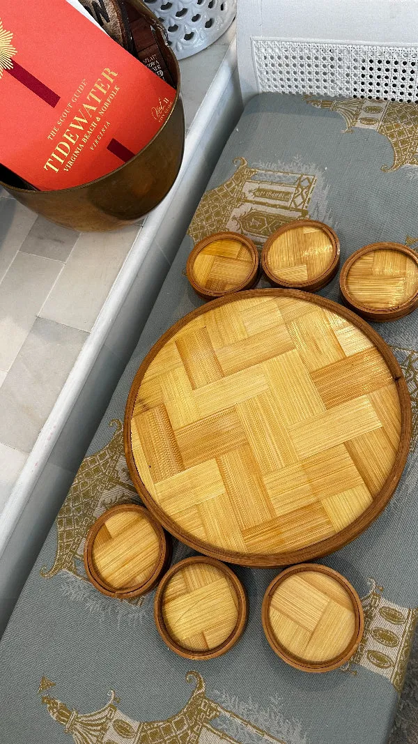 Vintage Bamboo Serving Tray with Coasters, 7 Piece Set