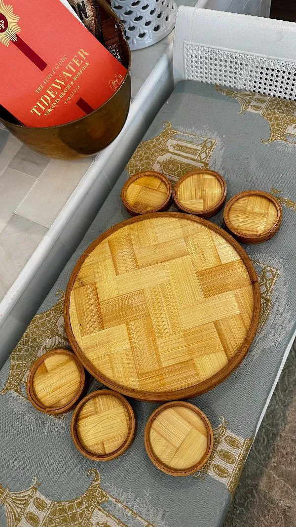 Vintage Bamboo Serving Tray with Coasters, 7 Piece Set