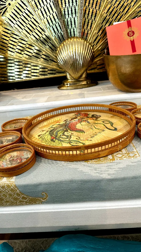 Vintage Bamboo Serving Tray with Coasters, 7 Piece Set