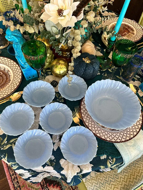 Vintage Bowl Set, Jeanette Blue Delphite Glass Berry Bowl Set, 1 Serving Bowl,  6 Small Bowls