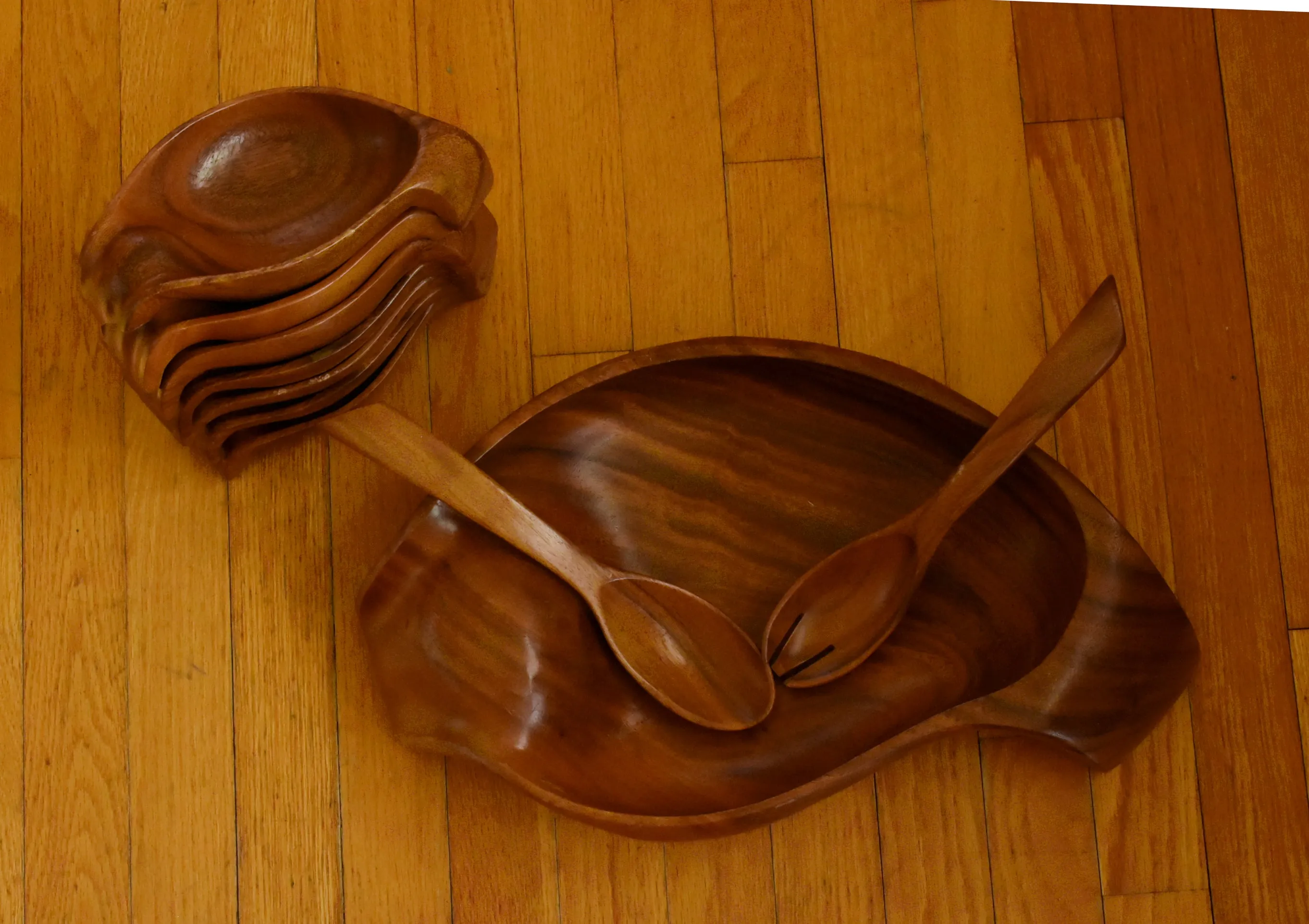 Vintage Hand Carved Monkey Pod Wood Salad Bowl Set