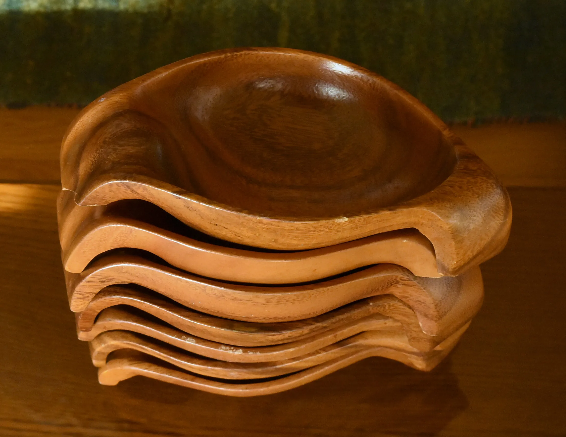 Vintage Hand Carved Monkey Pod Wood Salad Bowl Set