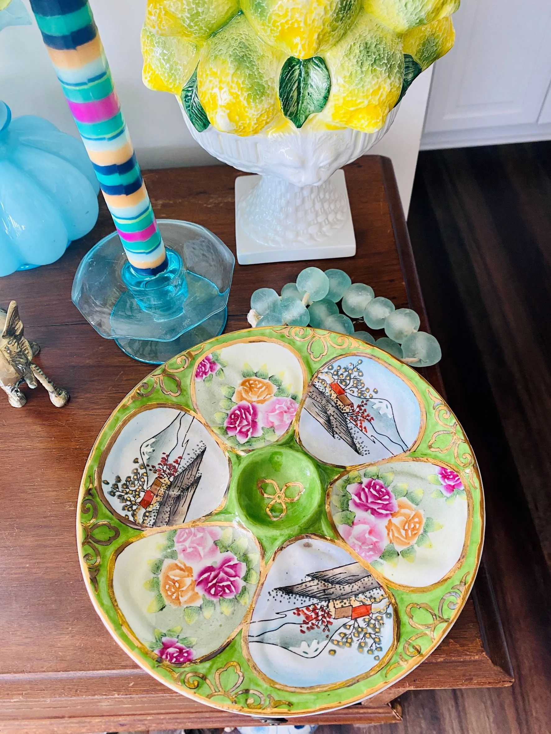 Vintage Oyster Plate Green and Gold with Oriental Scene