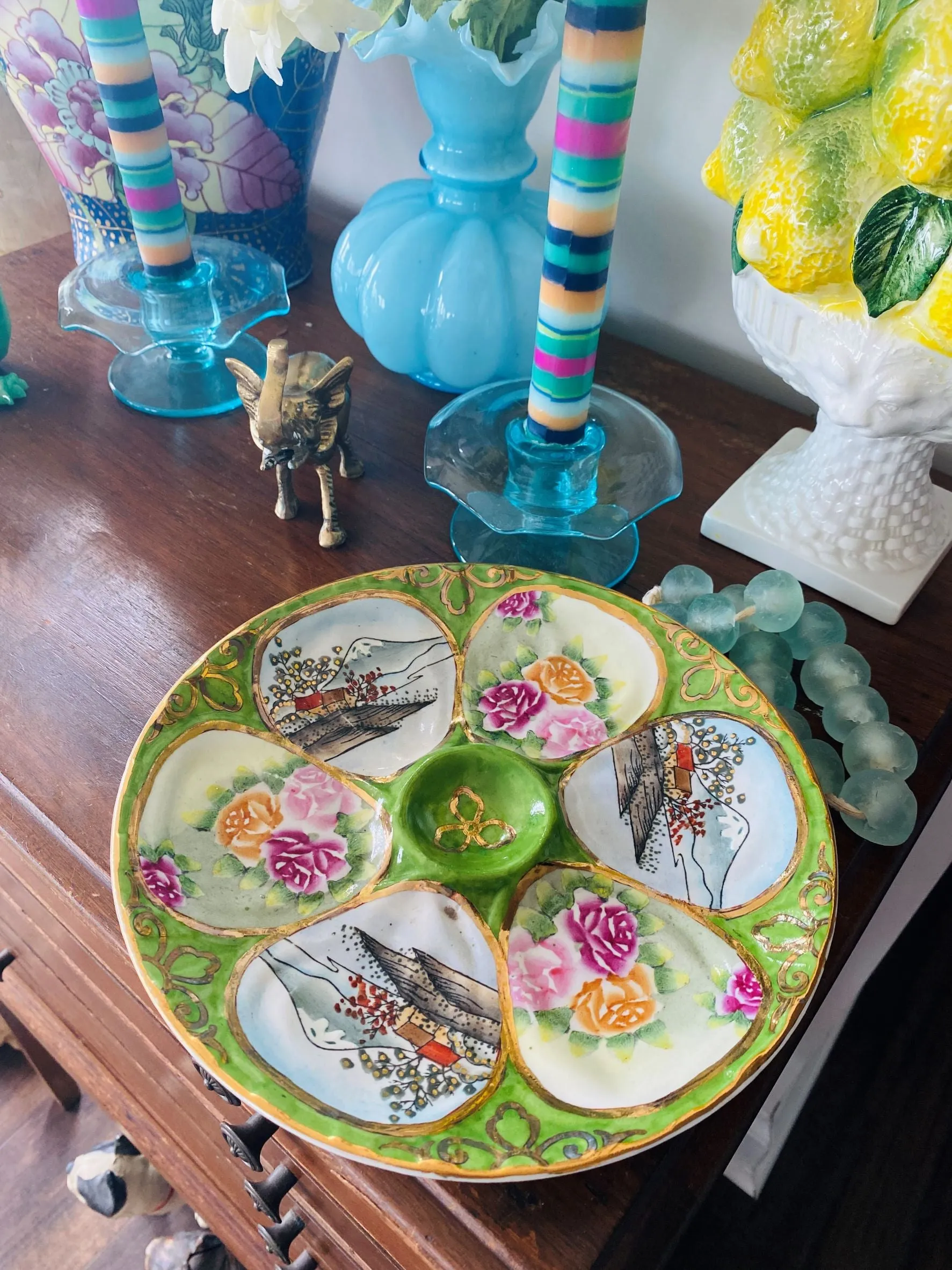 Vintage Oyster Plate Green and Gold with Oriental Scene