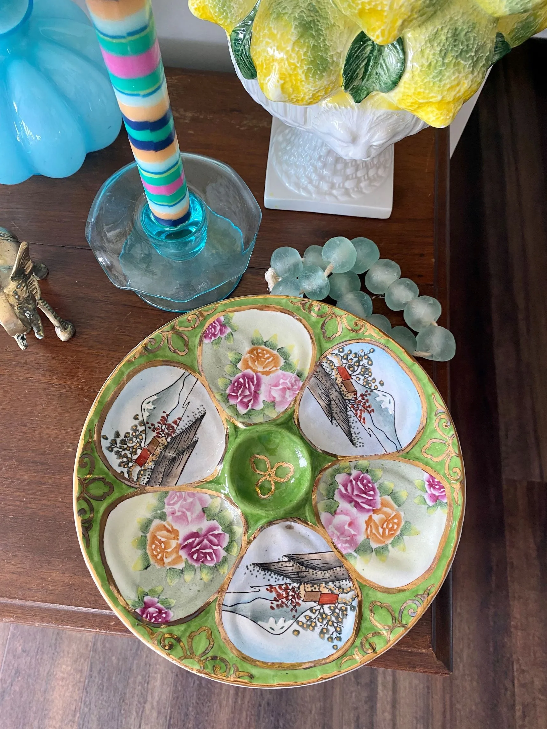 Vintage Oyster Plate Green and Gold with Oriental Scene