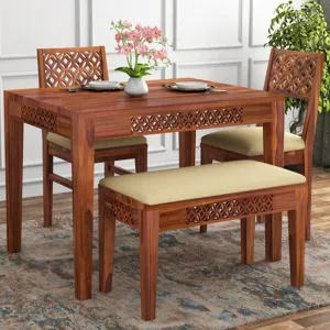 Wood Prints Sheesham Wood CNC 4 Seater Dining Table Set with 2 Cushion Chairs and 1 Bench for Living Room || Wooden Dining Room Sets Furniture Dinner Table Hotel - Honey Finish